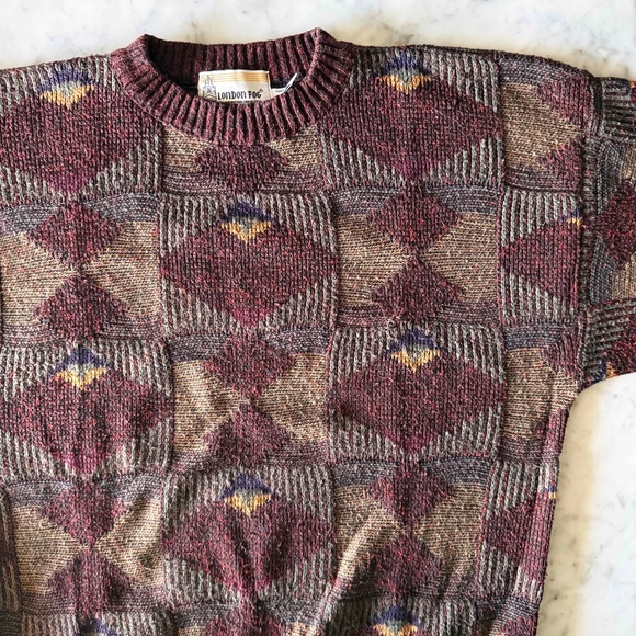 Vintage London Fog Sweater Men’s Large Brown Geometric Wool Blend Retro 90s 80s - Picture 4 of 6